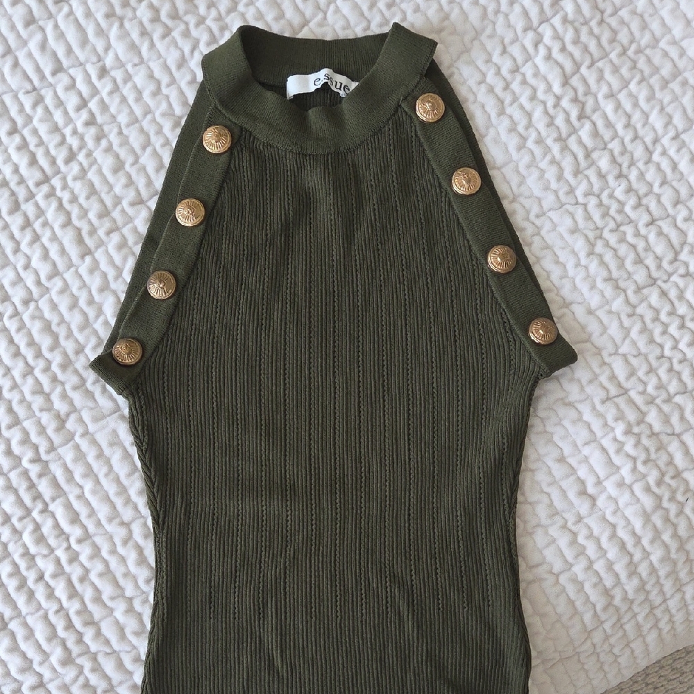 Elegant Olive Knit Top with Gold Button Accents